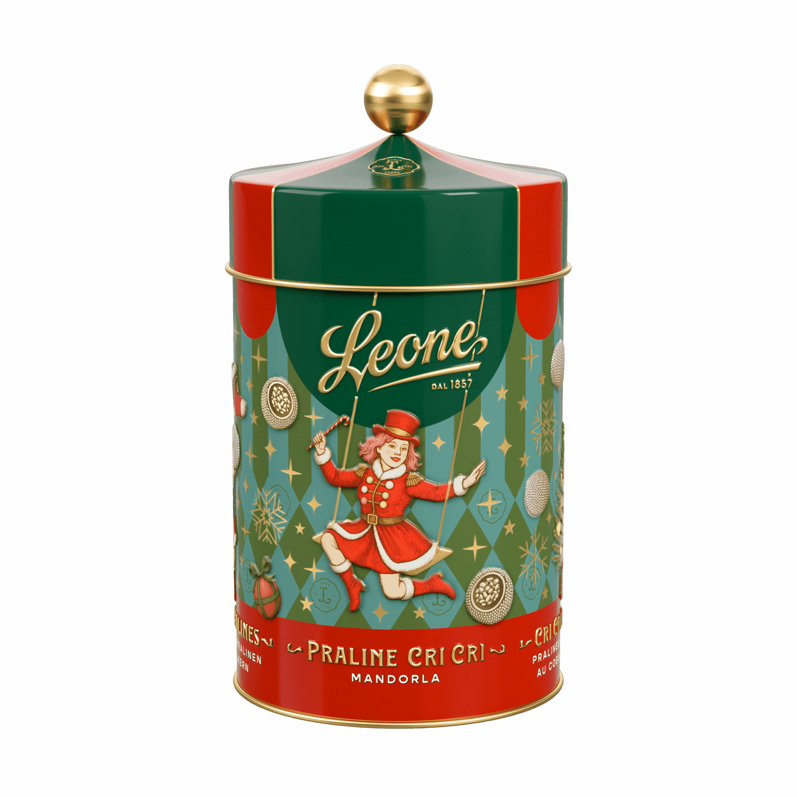 metal box Dream Xmas Circus, Assorted Cri Cri with Almond 100g, Pastiglie Leone