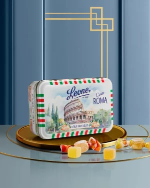 Gelatine alla frutta Roma, scatola in metallo 100g, Pastiglie Leone