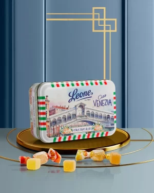 Gelatine alla frutta Venezia, scatola in metallo 100g, Pastiglie Leone